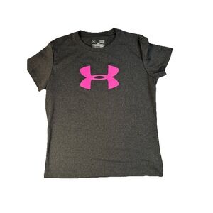 Under Armour HeatGear Girls Gray & Pink Logo Loose Fit‎ Active T-Shirt Size L
